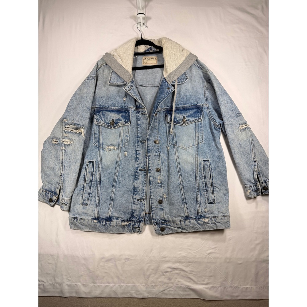 We The Free Denim Jacket Women L Blue Distressed Hooded Oversized OB622
